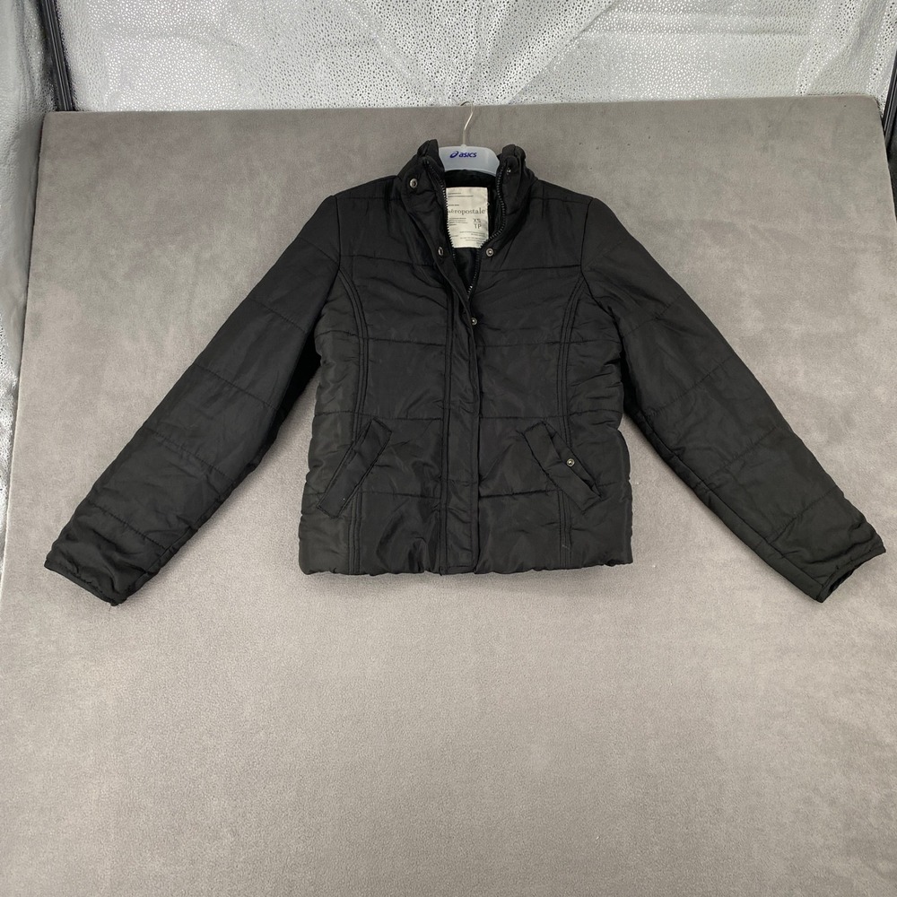 Aeropostale Womens XS Black Quilted Puffer Jacket Full Zip Snap Front Coat